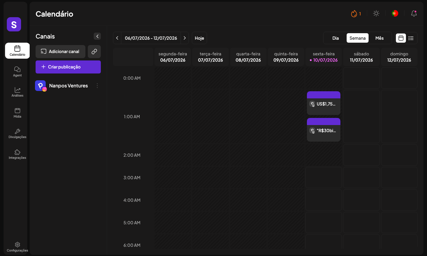 Calendário do SocialBex com posts agendados